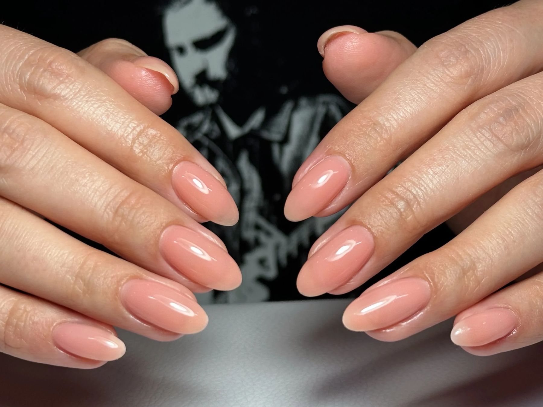 Sheer peach gel manicure by Megan Ho